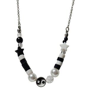 Yin Yang Black White Beaded Necklace Star Accents Taijitu Chinese Philosophy